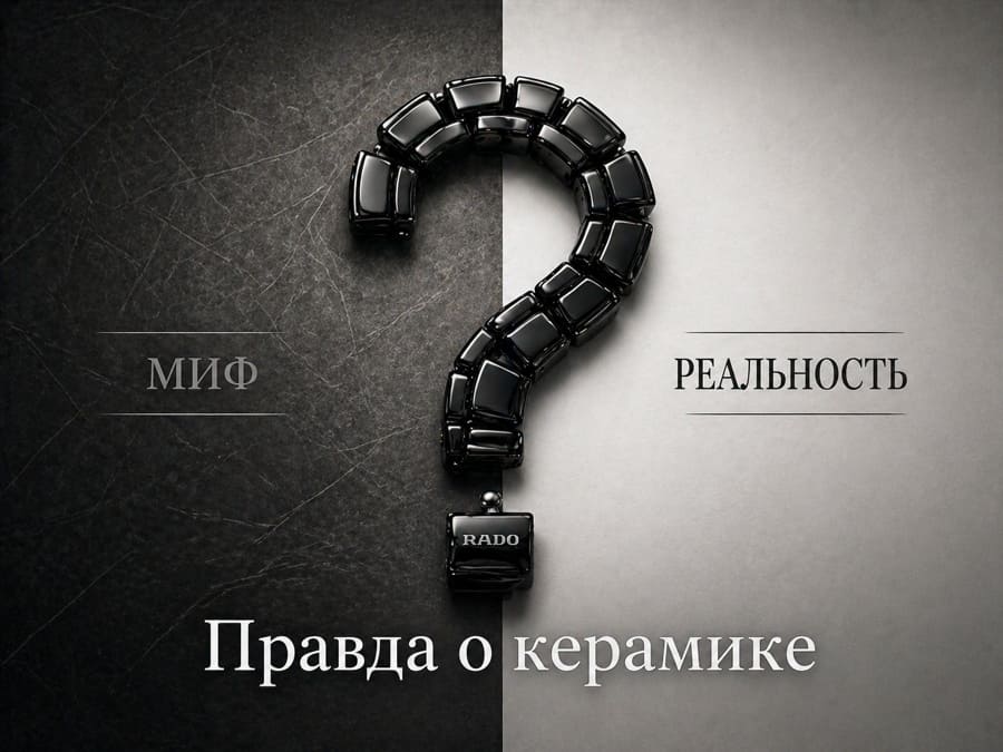 Разобранные детали керамических часов: корпус, безель и браслет с подписями.