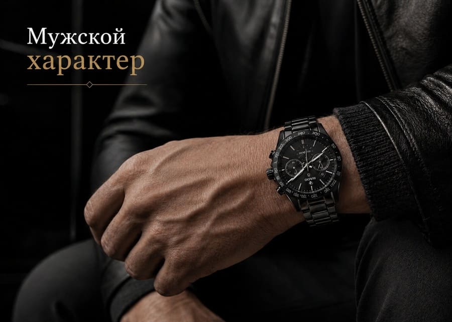 Черные керамические часы на фоне ночного мегаполиса с отражением городских огней.
