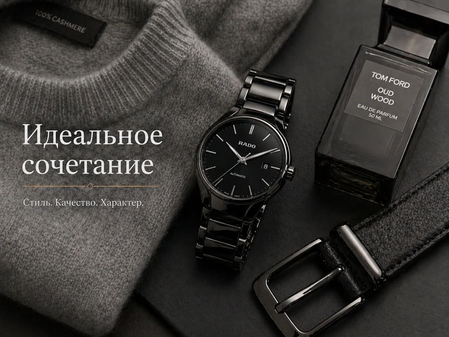 Модный расклад с черными керамическими часами, кашемировым свитером, ремнем и парфюмом.