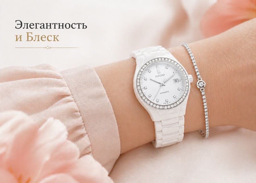 Крупный план черных керамических часов Rado с глянцевым корпусом и браслетом.