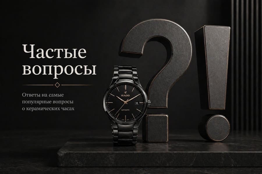 Композиция с объемными знаками вопроса и восклицания рядом с керамическими часами.