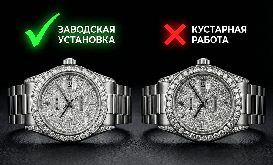 Сравнение двух часов: слева качественная заводская установка бриллиантов (зеленая галочка), справа некачественная кустарная работа (красный крестик).